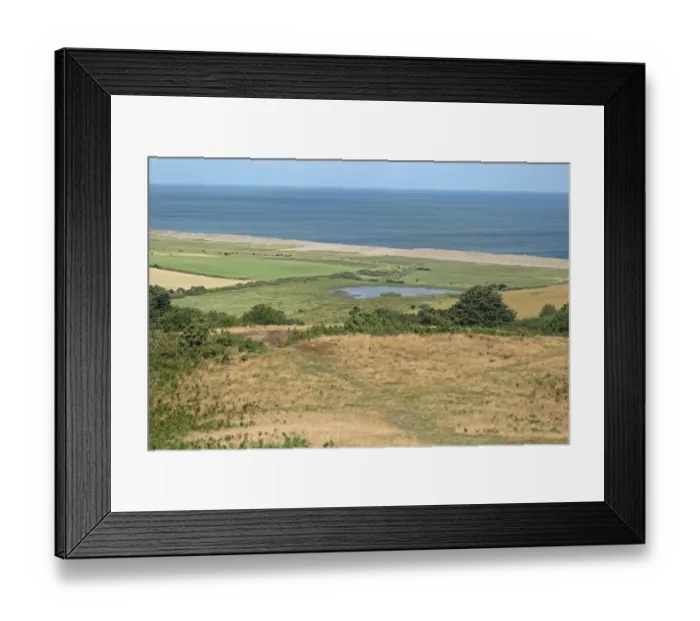 Framed Print : View of watermeadow habitat and coastline, Kelling, Norfolk, England, july Framed Print : View of watermeadow habitat and coastline, Kelling, Norfolk, England, july
