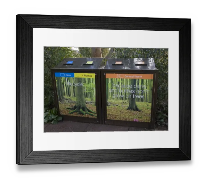 Framed Print : Recycling waste disposal bins, for cans, plastics and general waste, England, march Framed Print : Recycling waste disposal bins, for cans, plastics and general waste, England, march