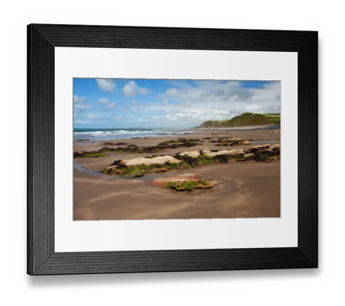 Framed Print : View of beach at low tide, looking towards Saunton and Baggy Point, Peppercombe, North Devon, England, august Framed Print : View of beach at low tide, looking towards Saunton and Baggy Point, Peppercombe, North Devon, England, august