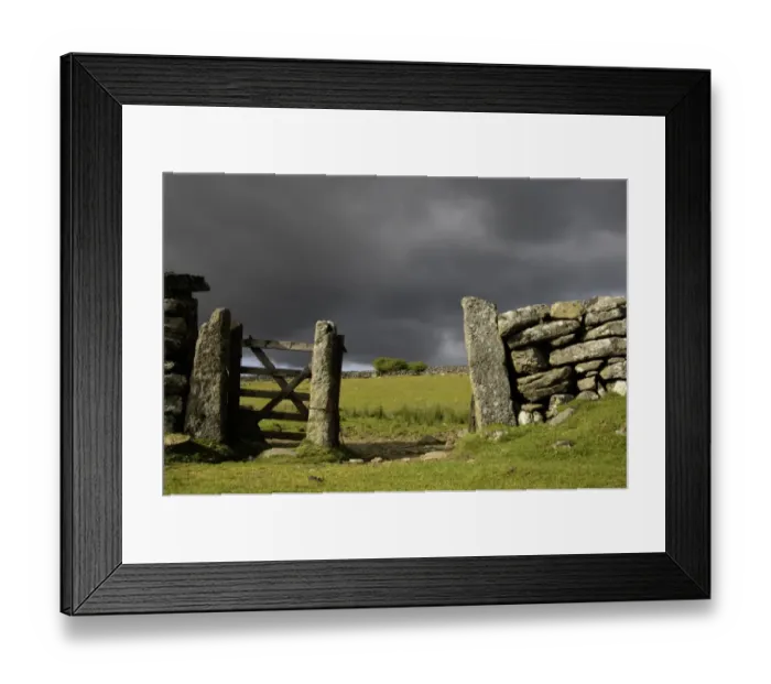 Framed Print : Old gate in drystone wall, with approaching stormclouds, Dartmoor N. P. Devon, England