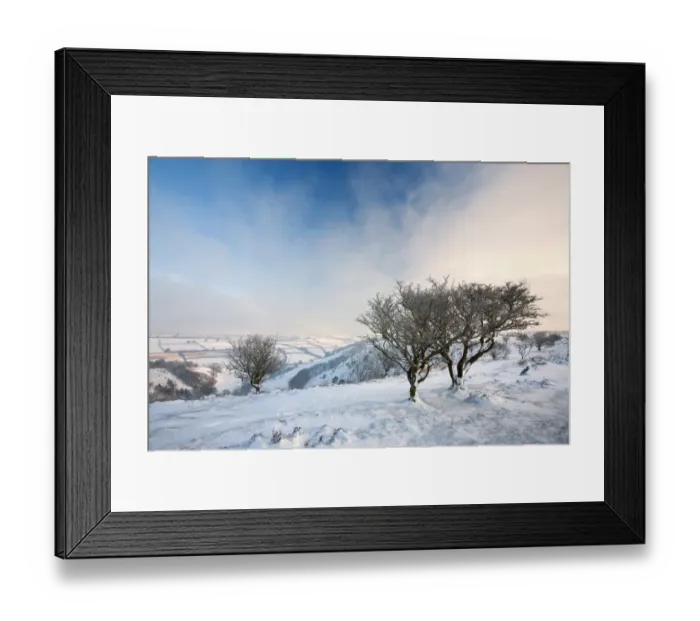 Framed Print : Snow covered landscape with hawthorn trees, Winsford Hill, overlooking The Punch Bowl, Exmoor N. P Framed Print : Snow covered landscape with hawthorn trees, Winsford Hill, overlooking The Punch Bowl, Exmoor N. P