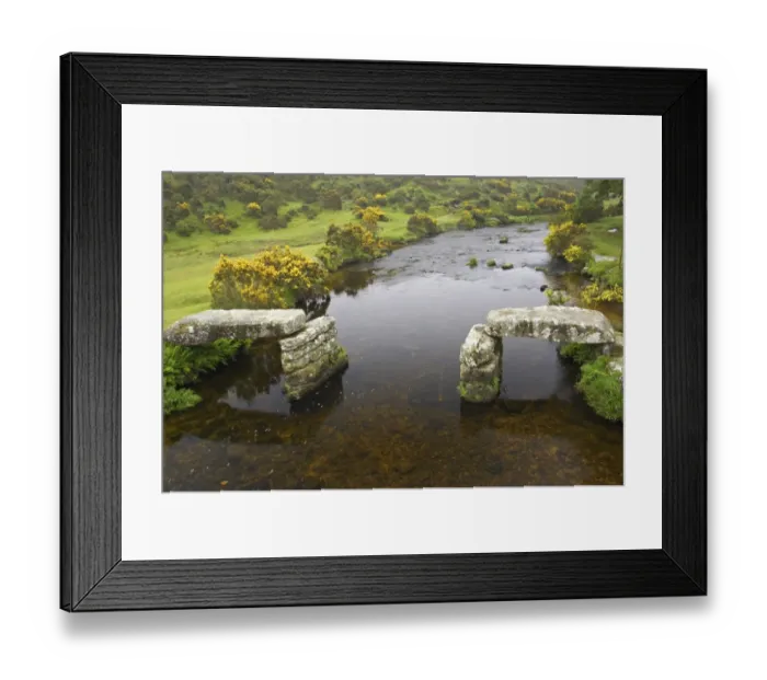 Framed Print : Ruined clapper bridge over river, East Dart River, Dartmoor N. P. Devon, England