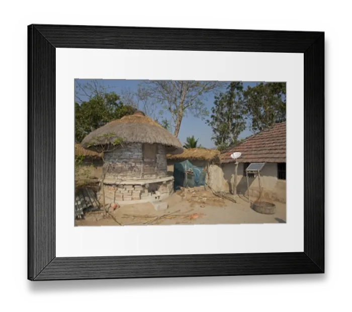 Framed Print : Old-fashioned grain store with modern satellite dish and solar panel, Sundarbans, Ganges Delta, West Bengal, India Framed Print : Old-fashioned grain store with modern satellite dish and solar panel, Sundarbans, Ganges Delta, West Bengal, India