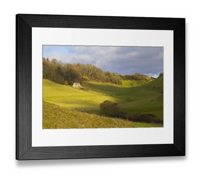 Framed Print : View of rural landscape with house in secluded coastal valley farmland, near Chapmans Pool, Dorset, England, january Framed Print : View of rural landscape with house in secluded coastal valley farmland, near Chapmans Pool, Dorset, England, january