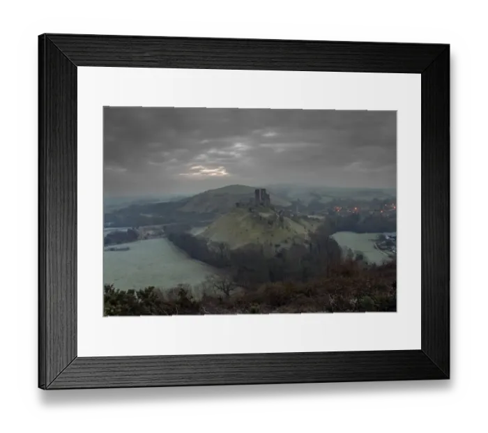 Framed Print : View of ruined castle with lights of nearby village at dawn, Corfe Castle, Corfe, Dorset, England, january Framed Print : View of ruined castle with lights of nearby village at dawn, Corfe Castle, Corfe, Dorset, England, january