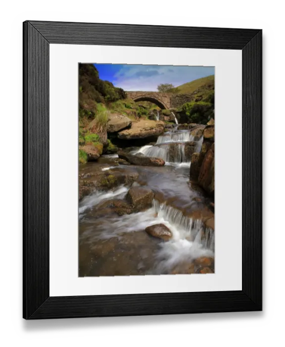 Framed Print : View of river cascades and packhorse bridge, Three Shire Head, Axe Edge Moor, at meeting point of three counties Framed Print : View of river cascades and packhorse bridge, Three Shire Head, Axe Edge Moor, at meeting point of three counties
