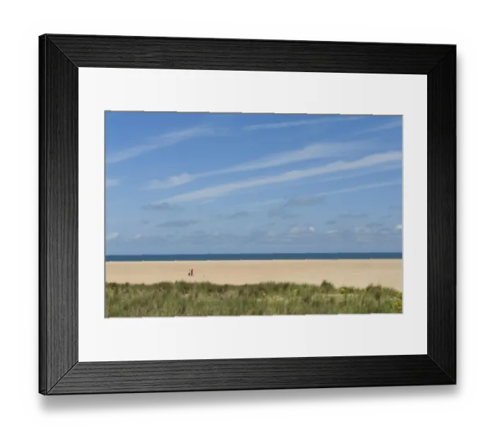 Framed Print : View of couple walking dogs on sandy beach, Holkham Beach, Holkham, Norfolk, England, july Framed Print : View of couple walking dogs on sandy beach, Holkham Beach, Holkham, Norfolk, England, july