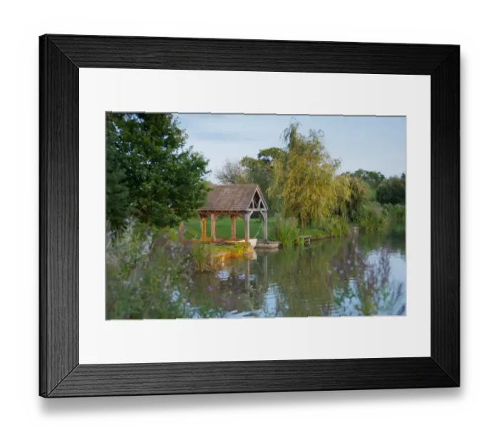 Framed Print : View of boathouse on fishing pond at sunset, Little Budworth, Tarporley, Cheshire, England, september Framed Print : View of boathouse on fishing pond at sunset, Little Budworth, Tarporley, Cheshire, England, september