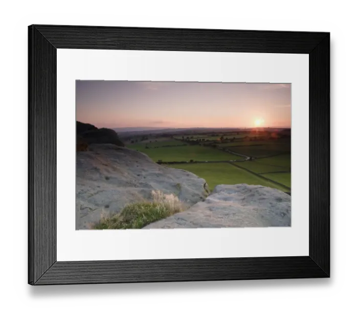 Framed Print : View over surrounding farmland from Almscliff Crag rock formation at sunset, North Rigton, North Yorkshire, England Framed Print : View over surrounding farmland from Almscliff Crag rock formation at sunset, North Rigton, North Yorkshire, England