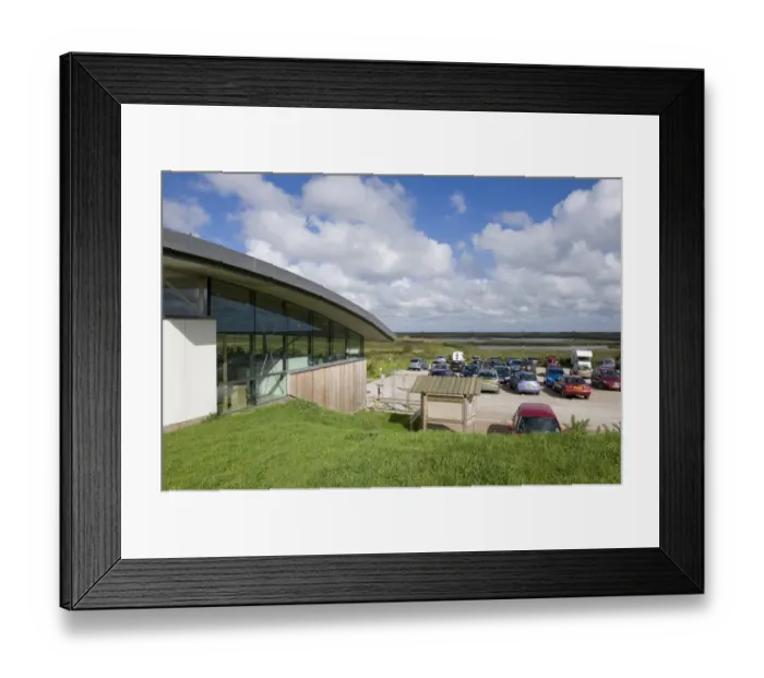Framed Print : Eco visitor centre and reserve carpark, Cley Marshes, Norfolk Wildlife Trust Reserve, Cley-next-the-Sea, Norfolk