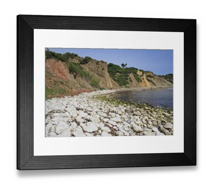 Framed Print : Chalk rocks on beach, with eroded sand and clay sea cliffs, Whitecliff Bay, Isle of Wight, England, june Framed Print : Chalk rocks on beach, with eroded sand and clay sea cliffs, Whitecliff Bay, Isle of Wight, England, june