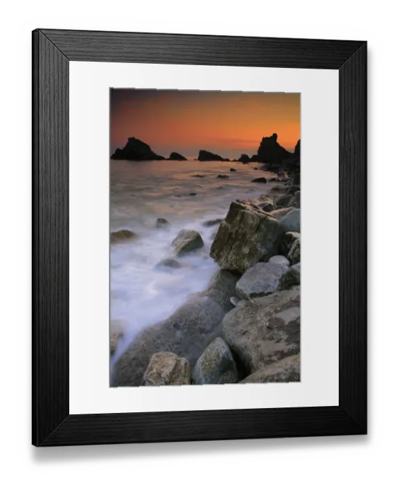 Framed Print : View of waves on rocky beach at sunset, Mupe Bay, Lulworth Estate, Dorset, England, april Framed Print : View of waves on rocky beach at sunset, Mupe Bay, Lulworth Estate, Dorset, England, april