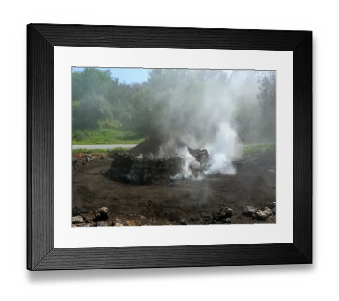 Framed Print : Traditional charcoal production, burning olive logs to produce charcoal, Greece, april Framed Print : Traditional charcoal production, burning olive logs to produce charcoal, Greece, april