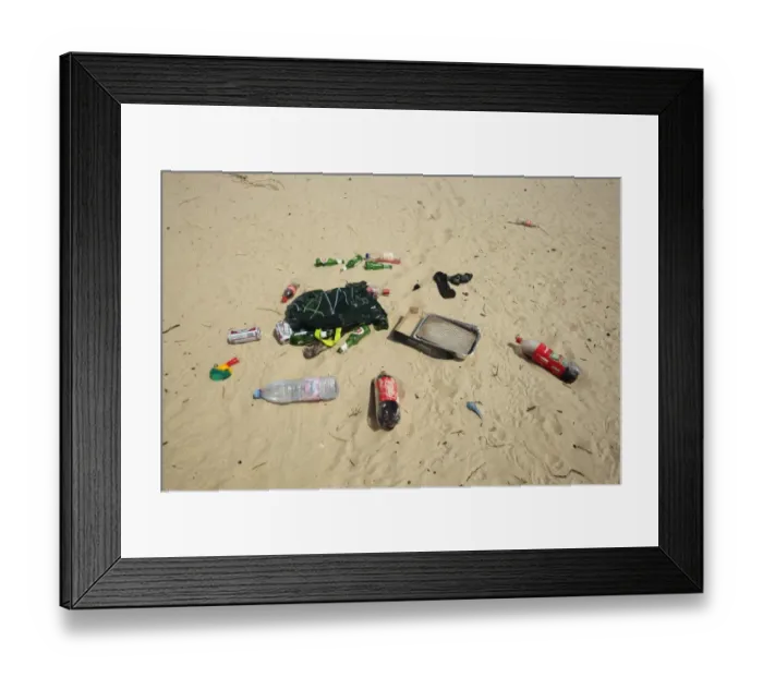 Framed Print : Plastic and glass bottles, plastic bag, disposable barbeque and bong, litter on sandy beach, Studland, Dorset, England Framed Print : Plastic and glass bottles, plastic bag, disposable barbeque and bong, litter on sandy beach, Studland, Dorset, England