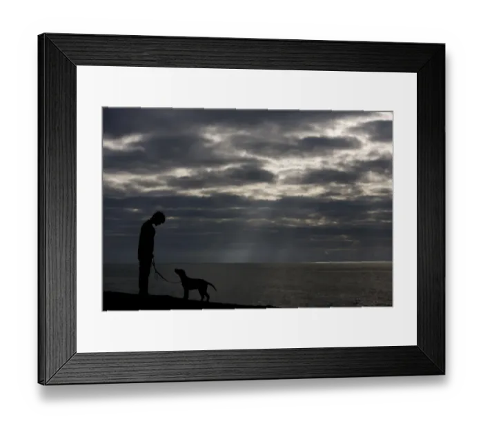 Framed Print : Domestic Dog, Labrador Retriever, puppy, with owner, silhouetted at coast, Chesil Beach, Dorset, England, january Framed Print : Domestic Dog, Labrador Retriever, puppy, with owner, silhouetted at coast, Chesil Beach, Dorset, England, january