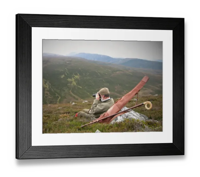 Framed Print : Deer stalker spying for Red Deer (Cervus (Cervus elaphus), deer management on moorland Framed Print : Deer stalker spying for Red Deer (Cervus (Cervus elaphus), deer management on moorland