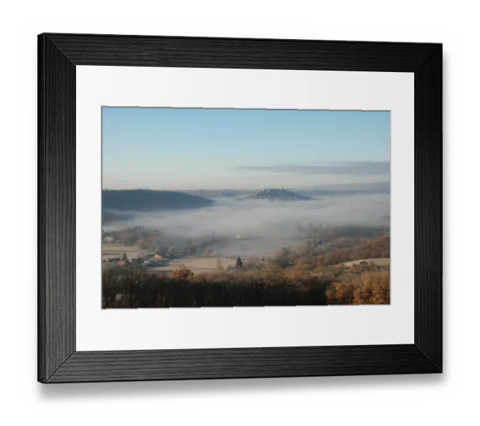 Framed Print : View of mist shrouded landscape with medieval bastide town on hill, Cordes-sur-Ciel, Cerou Valley, Tarn, Midi-Pyrenees Framed Print : View of mist shrouded landscape with medieval bastide town on hill, Cordes-sur-Ciel, Cerou Valley, Tarn, Midi-Pyrenees