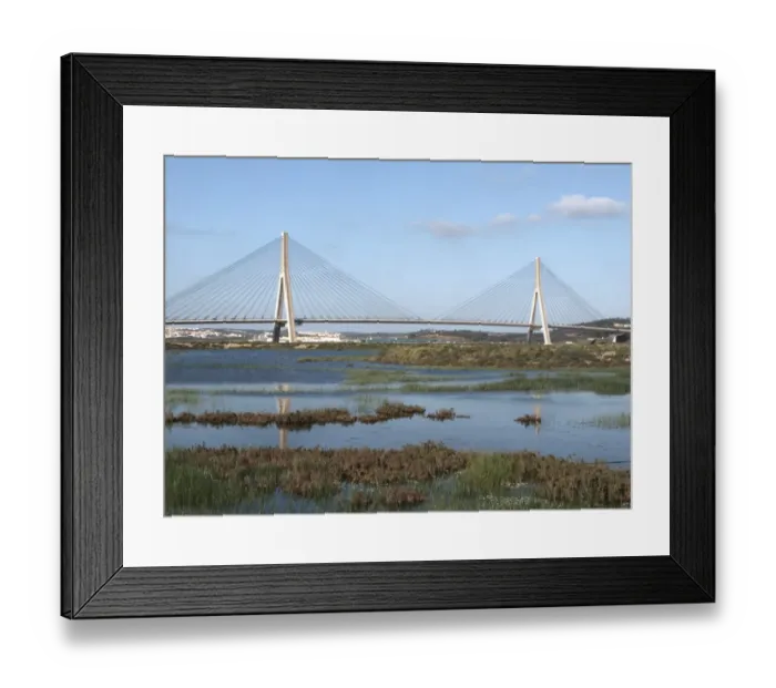 Framed Print : View across saltpans towards bridge at border with Spain, Castro Marim Marshes Reserve, Algarve, Portugal, march Framed Print : View across saltpans towards bridge at border with Spain, Castro Marim Marshes Reserve, Algarve, Portugal, march
