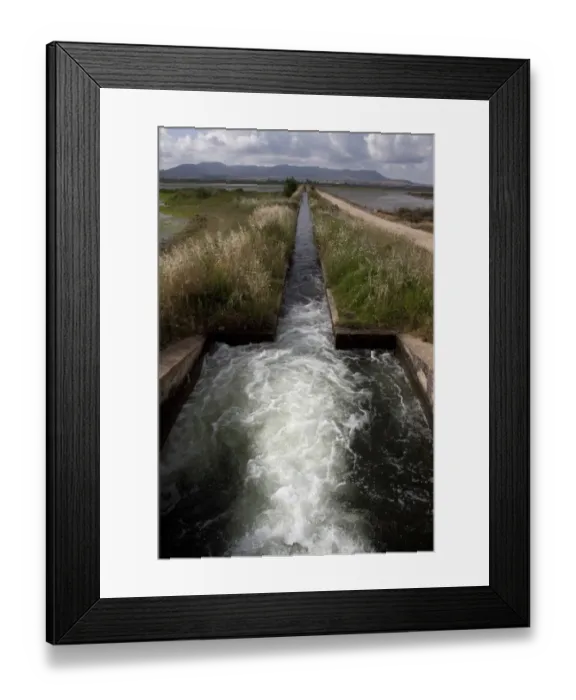 Framed Print : Irrigation channel flows from sluice gate to bring water to rice paddy fields, southern Spain Framed Print : Irrigation channel flows from sluice gate to bring water to rice paddy fields, southern Spain