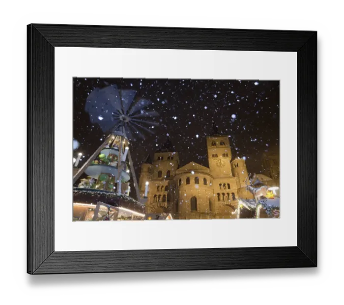 Framed Print : Christmas pyramid and market during snowfall at night, Cathedral of Saint Peter, Trier, Rhineland-Palatinate, Germany Framed Print : Christmas pyramid and market during snowfall at night, Cathedral of Saint Peter, Trier, Rhineland-Palatinate, Germany