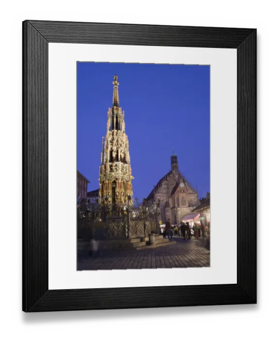 Framed Print : City fountain and church illuminated at night, Schoner Brunnen, Church of Our Lady, Nuremberg, Bavaria, Germany Framed Print : City fountain and church illuminated at night, Schoner Brunnen, Church of Our Lady, Nuremberg, Bavaria, Germany