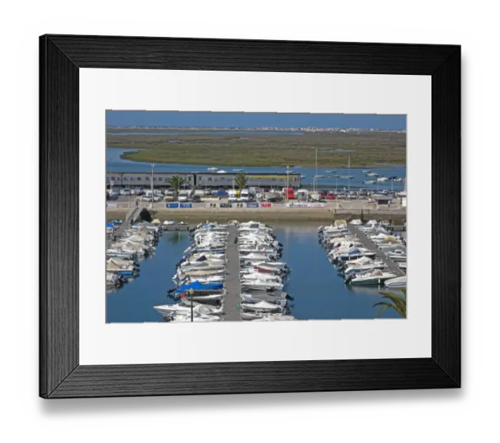 Framed Print : View over marina with passing train, with estuary and saltmarsh habitat in background, Faro, Algarve, Portugal, april Framed Print : View over marina with passing train, with estuary and saltmarsh habitat in background, Faro, Algarve, Portugal, april