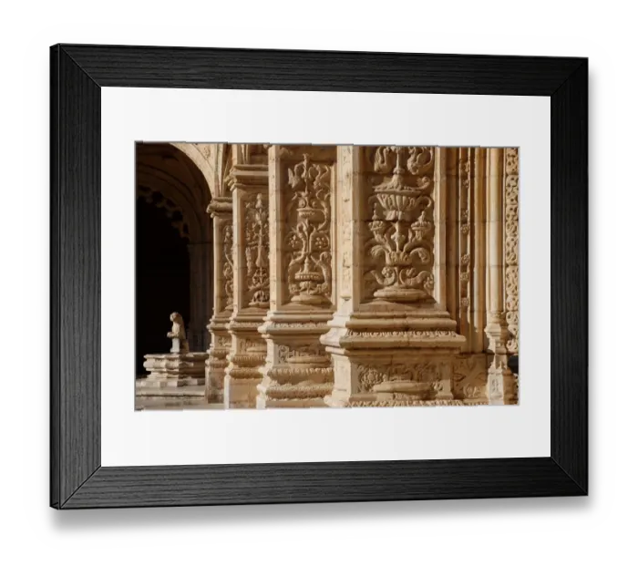 Framed Print : Carved stonework cloisters and fountain in late-Gothic Monastery, Hieronymites Monastery (Mosteiro dos Jeronimos) Framed Print : Carved stonework cloisters and fountain in late-Gothic Monastery, Hieronymites Monastery (Mosteiro dos Jeronimos)