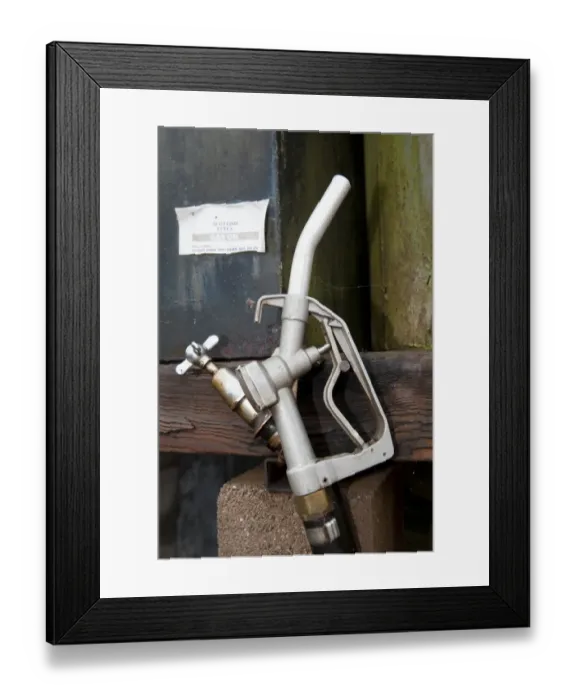 Framed Print : Nozzle at diesel fuel storage tanks on farm, England, june Framed Print : Nozzle at diesel fuel storage tanks on farm, England, june