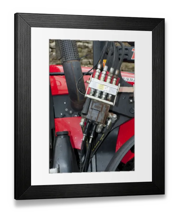 Framed Print : Quick release hydralic bracket on tractor for powering loader, England, october Framed Print : Quick release hydralic bracket on tractor for powering loader, England, october
