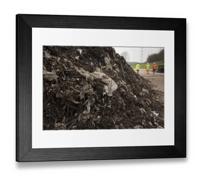 Framed Print : Rubbish filtered from green compost waste at municipal waste site, near Chester, Cheshire, England, march Framed Print : Rubbish filtered from green compost waste at municipal waste site, near Chester, Cheshire, England, march