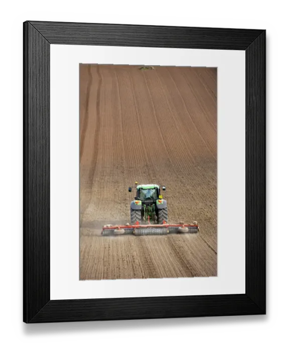 Framed Print : John Deere tractor pulling soil press, rolling seedbed in arable field, Kelso, Scottish Borders, Scotland, september