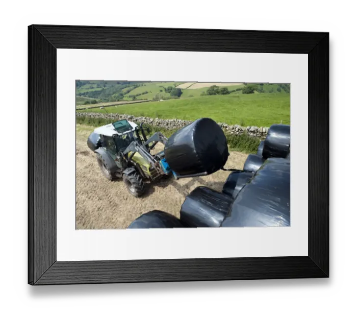 Framed Print : Hurlimann tractor with loader, stacking plastic wrapped round bales of silage, England, july Framed Print : Hurlimann tractor with loader, stacking plastic wrapped round bales of silage, England, july