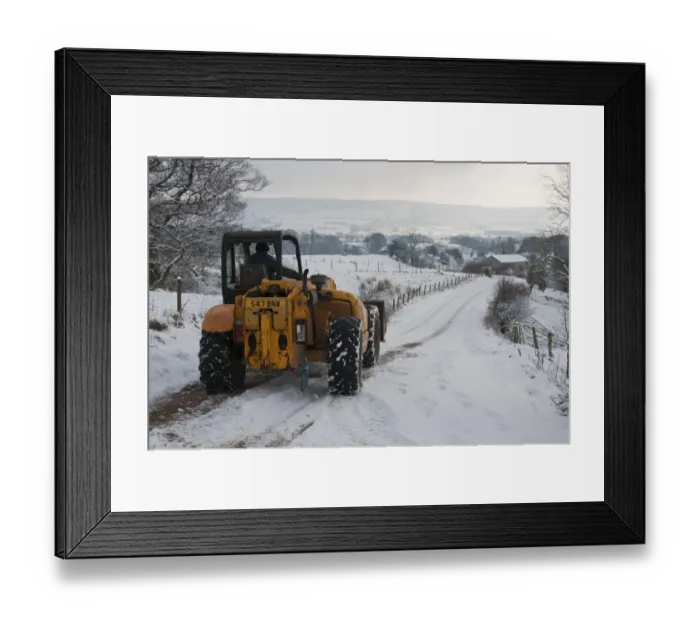 Framed Print : JCB 530 loader clearing snow from road for milk tanker on dairy farm, Whitewell, Lancashire, England, december Framed Print : JCB 530 loader clearing snow from road for milk tanker on dairy farm, Whitewell, Lancashire, England, december