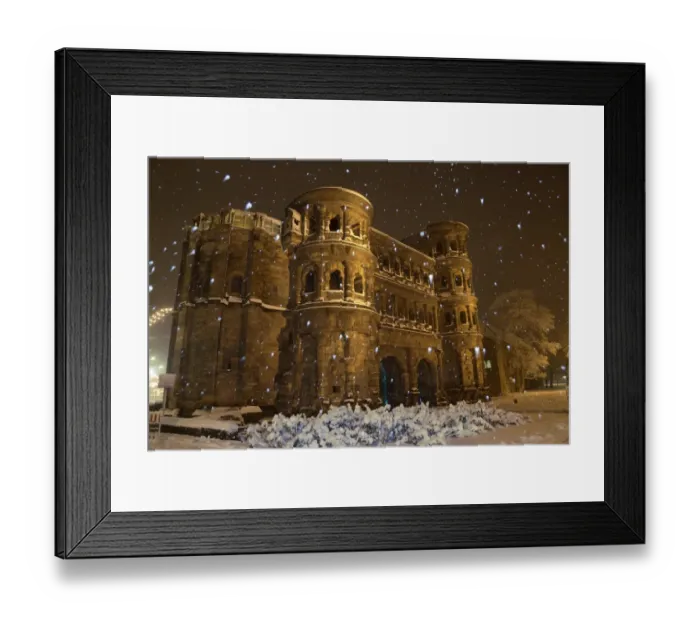 Framed Print : Roman city gate illuminated during snowfall at night, Porta Nigra, Trier, Rhineland-Palatinate, Germany, december Framed Print : Roman city gate illuminated during snowfall at night, Porta Nigra, Trier, Rhineland-Palatinate, Germany, december