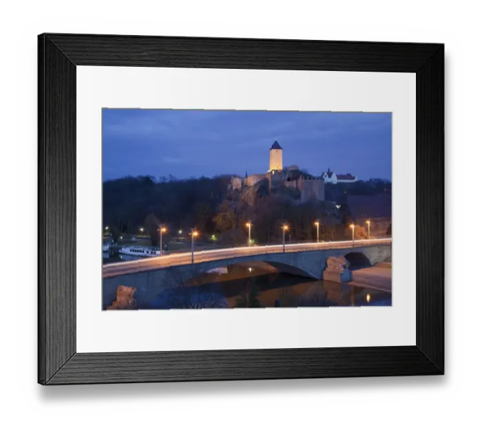 Framed Print : View of bridge and castle illuminated at night, Castle Giebichenstein, River Saale, Halle, Saxony-Anhalt, Germany Framed Print : View of bridge and castle illuminated at night, Castle Giebichenstein, River Saale, Halle, Saxony-Anhalt, Germany