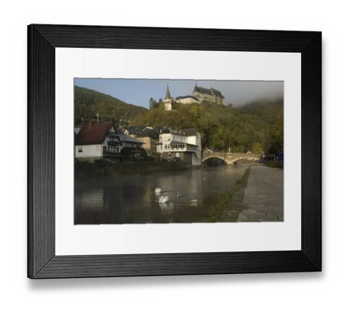 Framed Print : View of river with Mute Swans (Cygnus olor), bridge and castle, River Our, Vianden, Oesling, Luxembourg Framed Print : View of river with Mute Swans (Cygnus olor), bridge and castle, River Our, Vianden, Oesling, Luxembourg