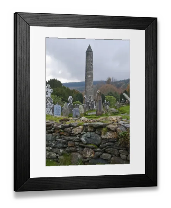 Framed Print : Early Medieval monastic building and graveyard, Round Tower, Glendalough Monastic Site, Wicklow Way Walking Route Framed Print : Early Medieval monastic building and graveyard, Round Tower, Glendalough Monastic Site, Wicklow Way Walking Route