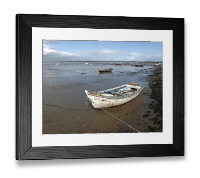 Framed Print : Boats in coastal estuary at low tide, Sado Estuary Nature Reserve, near Mitrena, Portugal, march Framed Print : Boats in coastal estuary at low tide, Sado Estuary Nature Reserve, near Mitrena, Portugal, march