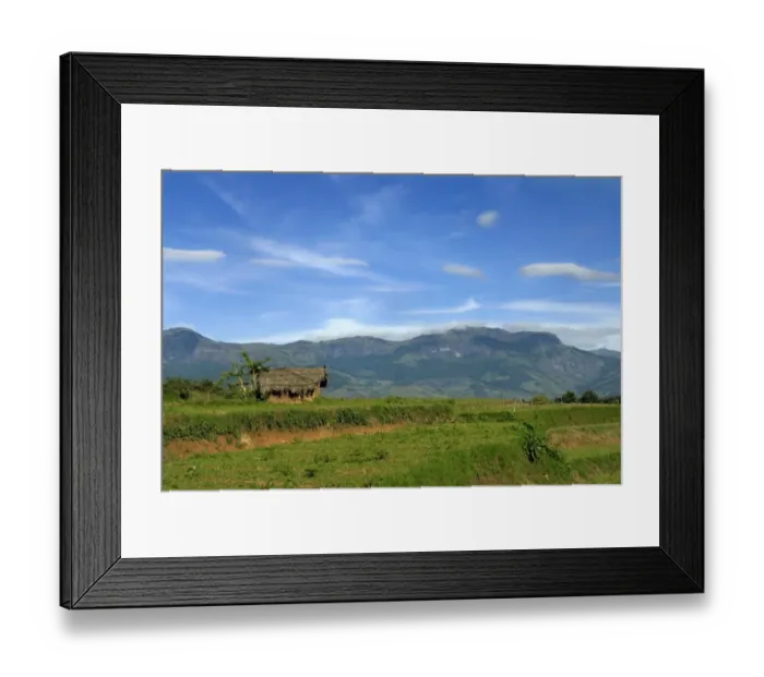 Framed Print : View of hut in farmland and distant mountain range, Kanthalloor, Western Ghats, Kerala, India Framed Print : View of hut in farmland and distant mountain range, Kanthalloor, Western Ghats, Kerala, India
