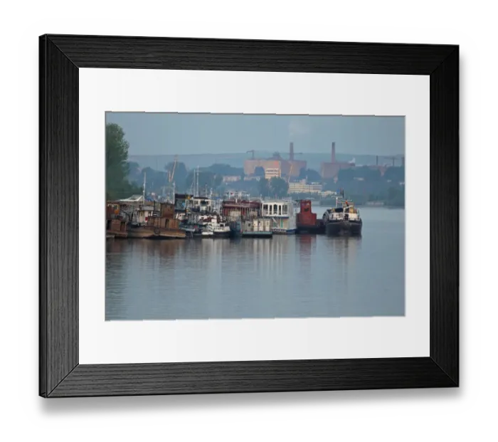 Framed Print : Barges and tourist pontoon boats moored together on river, Tulcea, River Danube, Danube Delta, Dobrogea, Romania, may Framed Print : Barges and tourist pontoon boats moored together on river, Tulcea, River Danube, Danube Delta, Dobrogea, Romania, may
