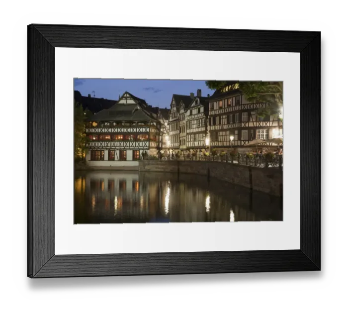 Framed Print : View of old town with timber-framed buildings and canal at night, Strasbourg, Alsace, France, july