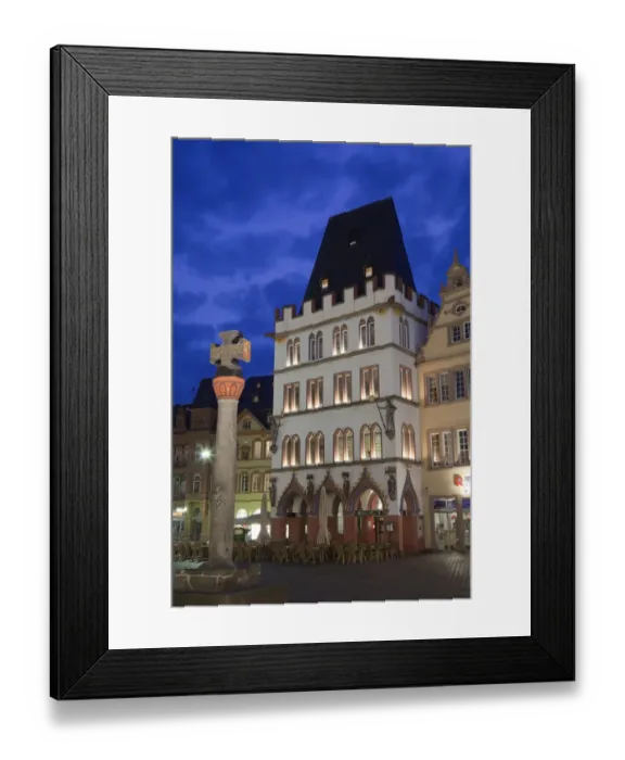 Framed Print : Market cross and restaurant illuminated at night, Steipe, Trier, Rhineland-Palatinate, Germany, may