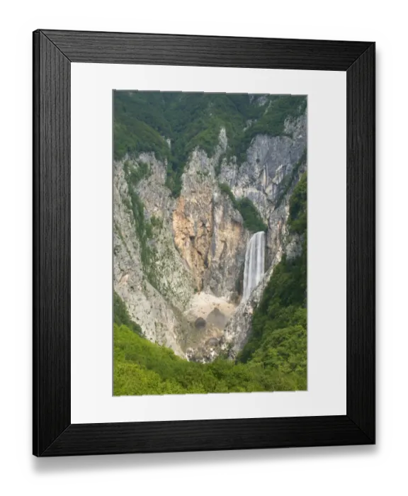 Framed Print : View of mountain waterfall, Boka Falls, Bovec, Soca Valley, Julian Alps, Slovenia Framed Print : View of mountain waterfall, Boka Falls, Bovec, Soca Valley, Julian Alps, Slovenia