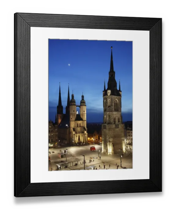Framed Print : View of city market place with church illuminated at night, Red Tower (Roter Turm), Marien Church (Marktkirche), Halle Framed Print : View of city market place with church illuminated at night, Red Tower (Roter Turm), Marien Church (Marktkirche), Halle