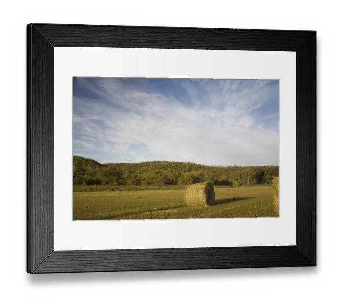 Framed Print : Round bale of hay on meadow, with wooded hillside in background, Fort Ransom, Sheyenne River Valley, North Dakota Framed Print : Round bale of hay on meadow, with wooded hillside in background, Fort Ransom, Sheyenne River Valley, North Dakota
