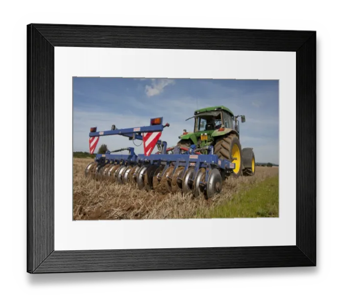 Framed Print : Tractor with disc harrows, harrowing stubble field, Sussex, England, september Framed Print : Tractor with disc harrows, harrowing stubble field, Sussex, England, september