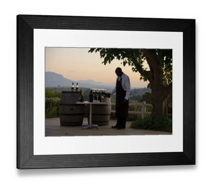 Framed Print : Waiter pouring wine on wine estate at sunset, Devon Valley, Stellenbosch, Western Cape, South Africa Framed Print : Waiter pouring wine on wine estate at sunset, Devon Valley, Stellenbosch, Western Cape, South Africa