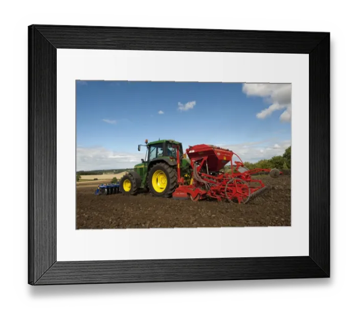 Framed Print : John Deere tractor with front press and rear seed drill, planting Oilseed Rape (Brassica napus) crop, England, august Framed Print : John Deere tractor with front press and rear seed drill, planting Oilseed Rape (Brassica napus) crop, England, august