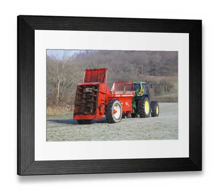 Framed Print : Contractor with John Deere 6520 tractor and K-two Duo muckspeader spreading farmyard manure Framed Print : Contractor with John Deere 6520 tractor and K-two Duo muckspeader spreading farmyard manure