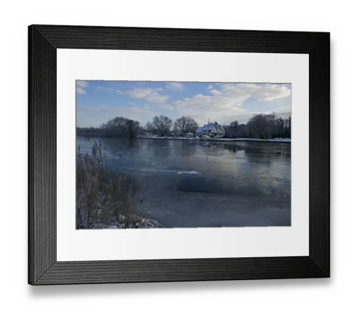 Framed Print : View of frozen river and pub on riverbank, The Ferry House, River Yare, The Broads, Surlingham, Norfolk, England Framed Print : View of frozen river and pub on riverbank, The Ferry House, River Yare, The Broads, Surlingham, Norfolk, England